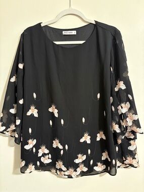 Grace Karin Black Floral Chiffon‎ Blouse Peach Blooms split sleeve women’s 2XL